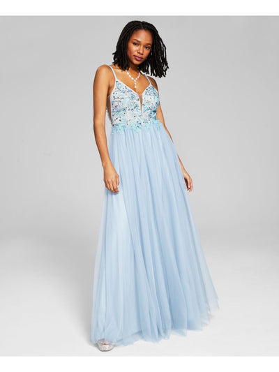 SAY YES TO THE PROM Womens Light Blue Beaded Zippered Lined Tulle Spaghetti Strap V Neck Full-Length Prom Gown Dress 5