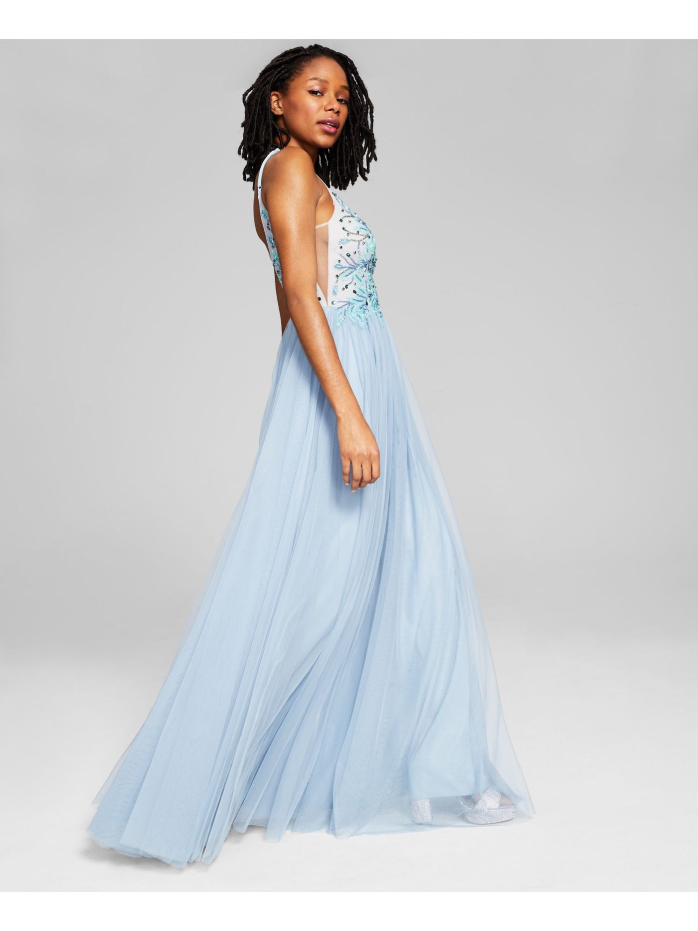 SAY YES TO THE PROM Womens Light Blue Beaded Zippered Lined Tulle Spaghetti Strap V Neck Full-Length Prom Gown Dress 5