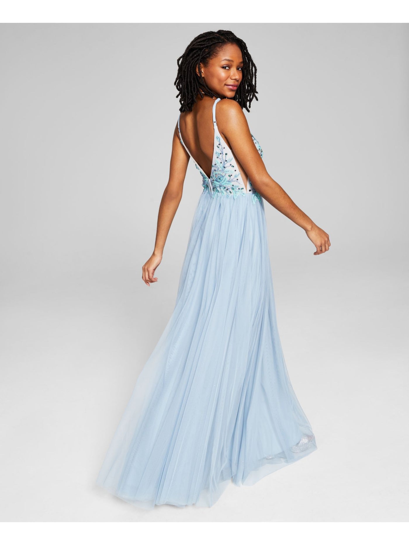 SAY YES TO THE PROM Womens Light Blue Beaded Zippered Lined Tulle Spaghetti Strap V Neck Full-Length Prom Gown Dress 5