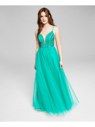 SAY YES TO THE PROM Womens Green Beaded Zippered Lined Sleeveless V Neck Full-Length Formal Gown Dress 0