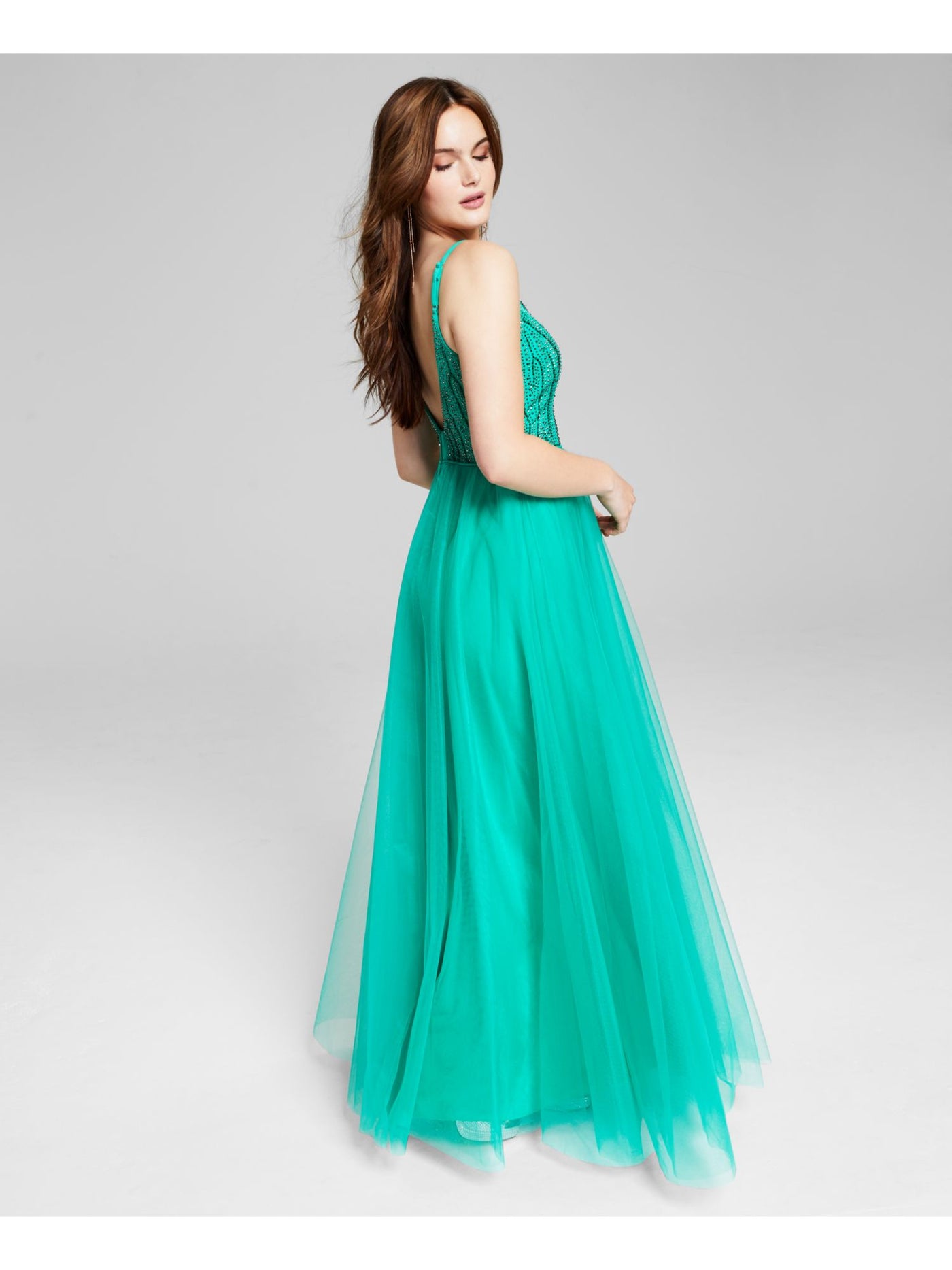SAY YES TO THE PROM Womens Turquoise Beaded Zippered Lined Sleeveless V Neck Full-Length Prom Gown Dress Juniors 9