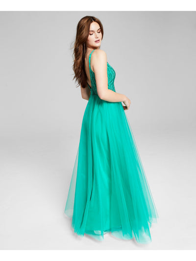SAY YES TO THE PROM Womens Turquoise Beaded Zippered Lined Sleeveless V Neck Full-Length Prom Gown Dress Juniors 9