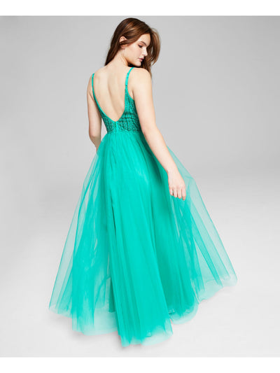 SAY YES TO THE PROM Womens Turquoise Beaded Zippered Lined Sleeveless V Neck Full-Length Prom Gown Dress Juniors 9