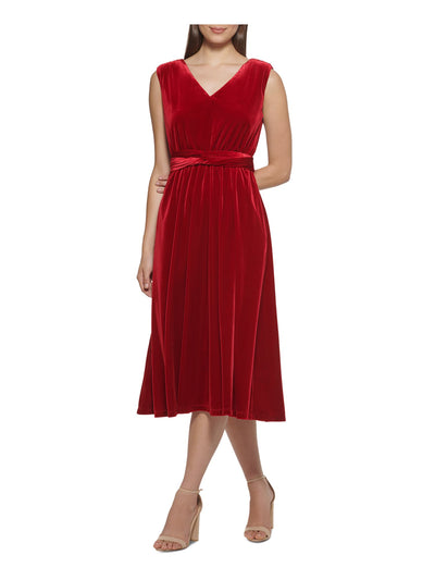 KENSIE Womens Red Pocketed Twist Front Sleeveless V Neck Midi Party Shift Dress M