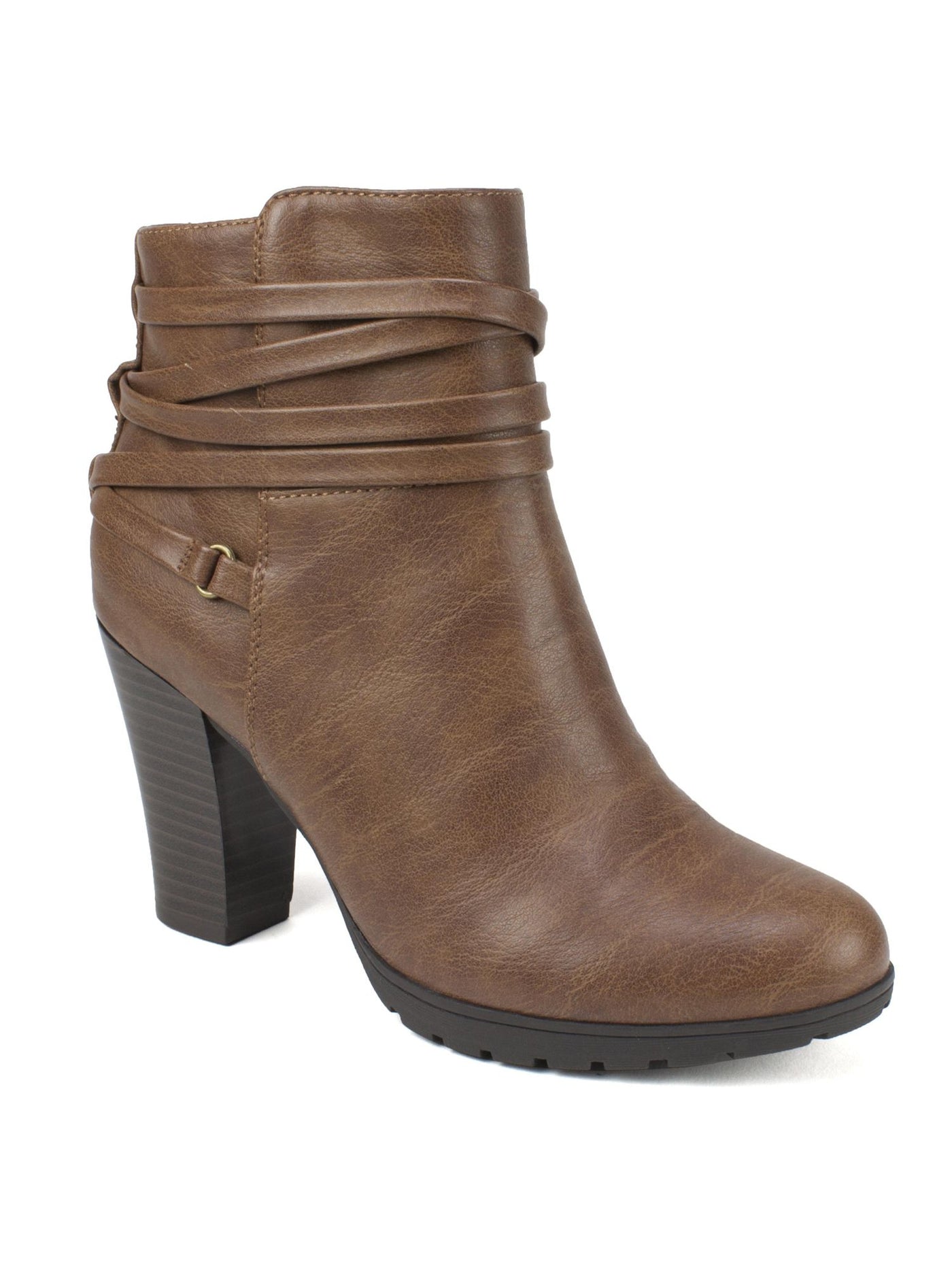 WHITE MOUNTAIN Womens Natural Brown Wrapping Strap Detail Lug Sole Cushioned Spade Almond Toe Block Heel Zip-Up Booties 5.5 W