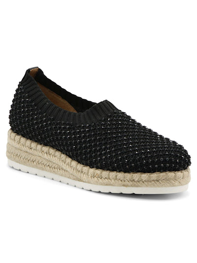 ADRIENNE VITTADINI SPORT Womens Black Stretch Knit 1" Platform Beaded Mesh Covering Cushioned Nicola Round Toe Wedge Slip On Espadrille Shoes 7.5 M