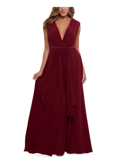 AQUA FORMAL Womens Burgundy Stretch Pleated Self-tie Belt High Slit Sleeveless Surplice Neckline Full-Length Formal Gown Dress 0