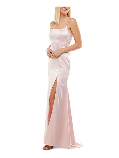 B DARLIN Womens Pink Stretch Zippered Lace-up Back High Side Slit Spaghetti Strap Square Neck Full-Length Formal Gown Dress Juniors 13\14