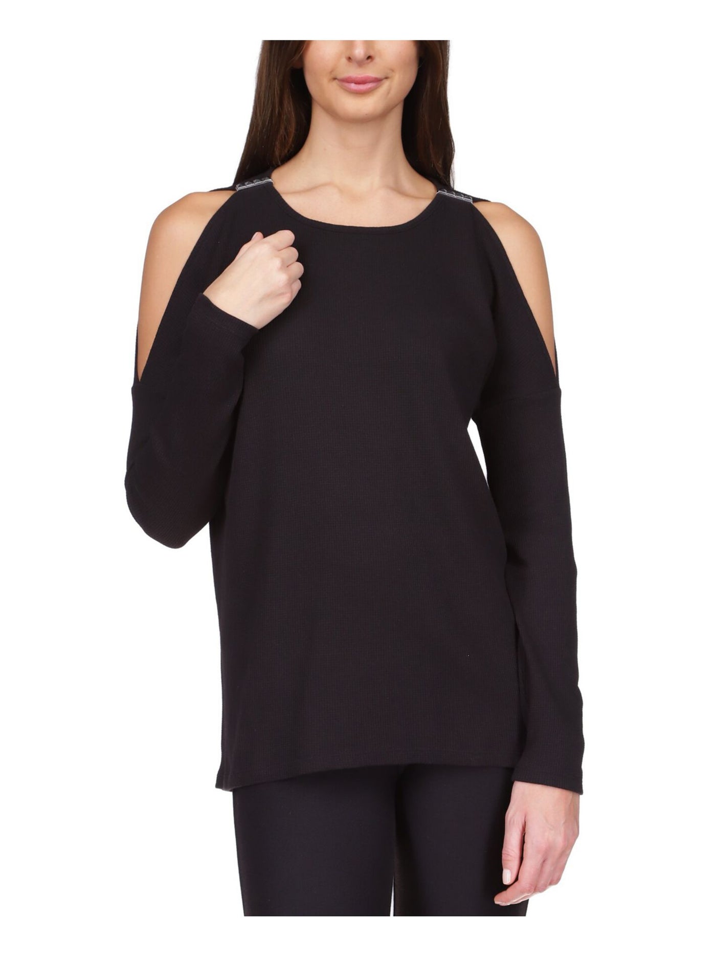 MICHAEL MICHAEL KORS Womens Black Cold Shoulder Waffle Knit Long Sleeve Crew Neck Top Petites P\S