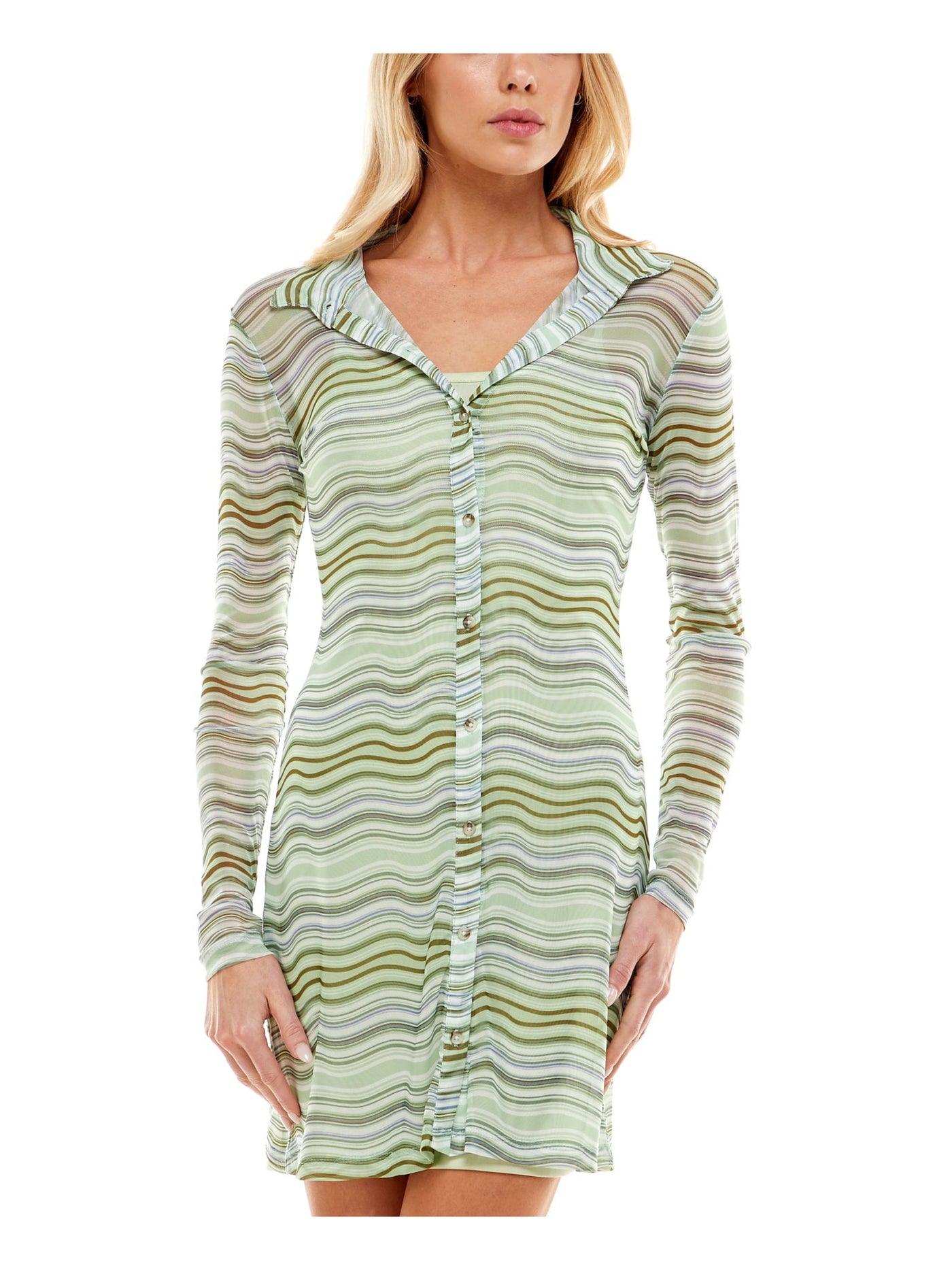 ULTRA FLIRT Womens Green Sheer Lined Overlay Striped Long Sleeve Collared Short Party Shirt Dress M