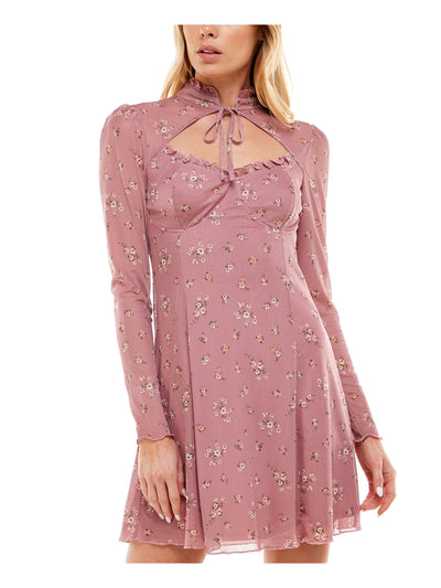ULTRA FLIRT Womens Pink Ruffled Cutout Lined Floral Long Sleeve Tie Neck Short Party Fit + Flare Dress XS