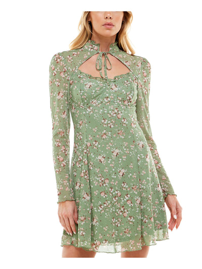 ULTRA FLIRT Womens Green Stretch Ruffled Tie Cutout Top Front Lined Floral Long Sleeve Tie Neck Short Party Fit + Flare Dress M