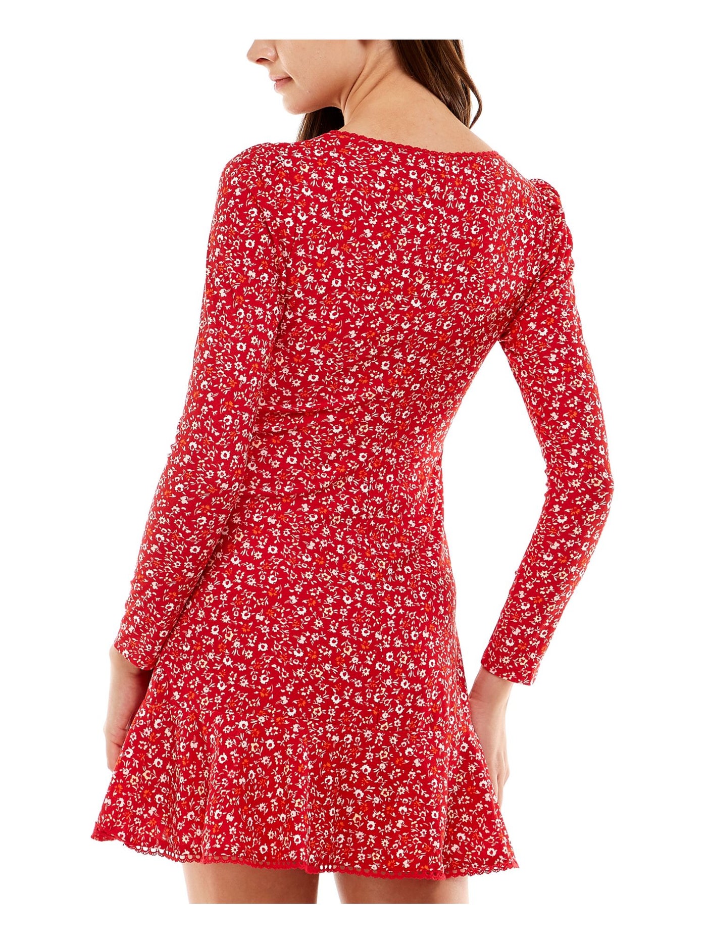 CITY STUDIO Womens Red Fitted Lined Lace Trim Floral Long Sleeve Surplice Neckline Mini Party Fit + Flare Dress M