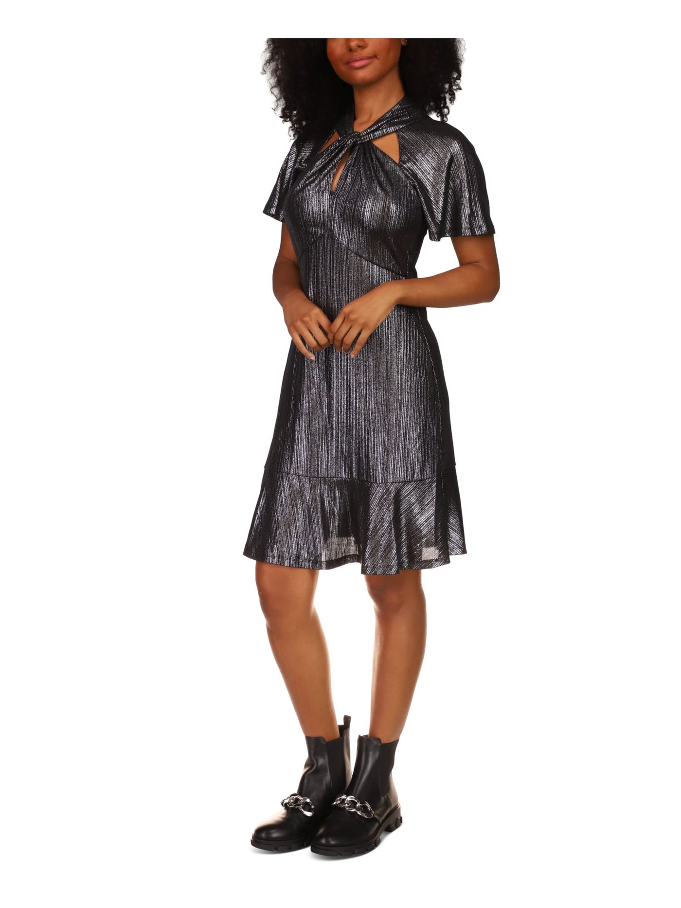 MICHAEL MICHAEL KORS Womens Black Metallic Twist Front Zippered Cut Out Flutter Sleeve Mock Neck Above The Knee Party Fit + Flare Dress XXS