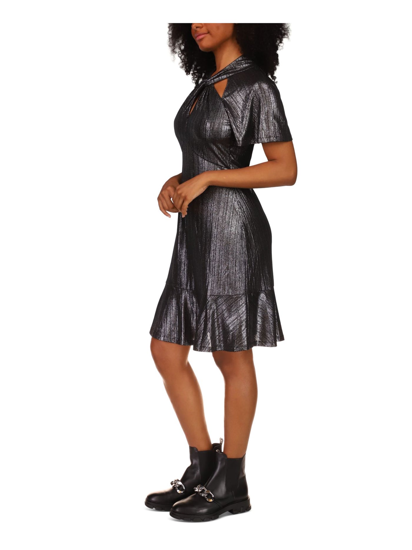 MICHAEL MICHAEL KORS Womens Black Metallic Twist Front Zippered Cut Out Flutter Sleeve Mock Neck Above The Knee Party Fit + Flare Dress XXS