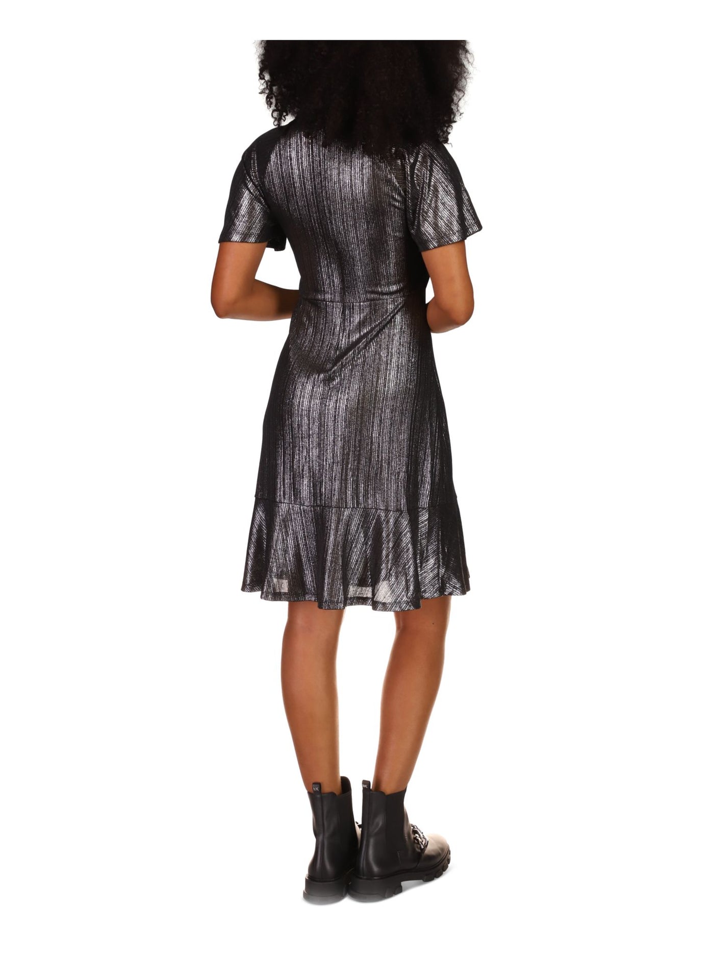 MICHAEL MICHAEL KORS Womens Black Metallic Twist Front Zippered Cut Out Flutter Sleeve Mock Neck Above The Knee Party Fit + Flare Dress XXS