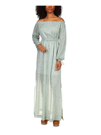 MICHAEL MICHAEL KORS Womens White Lined Ruffled Slitted Pullover Tie Cuffs Floral Long Sleeve Off Shoulder Maxi Blouson Dress XS