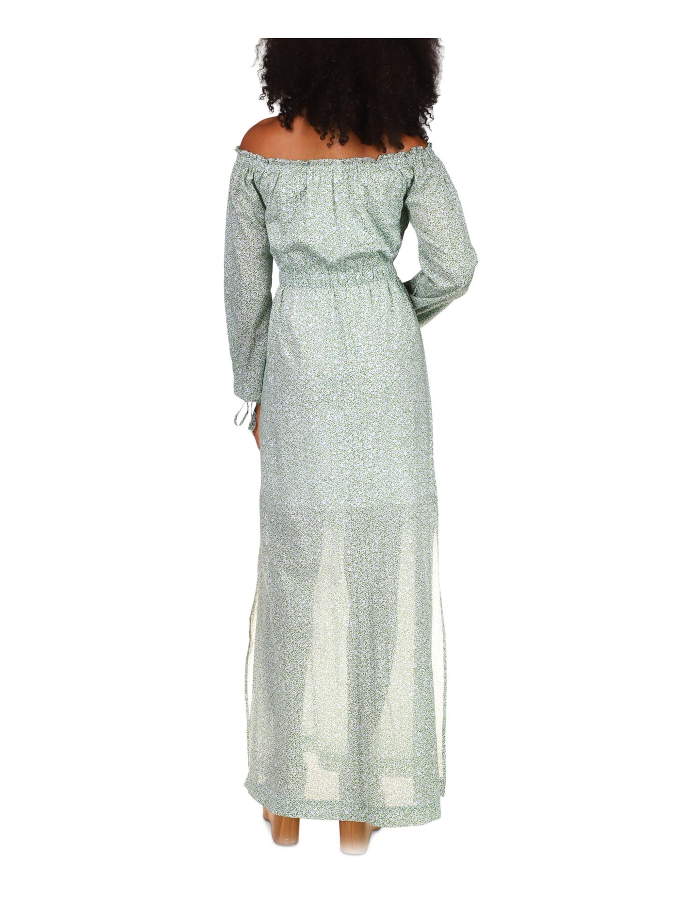 MICHAEL MICHAEL KORS Womens White Lined Ruffled Slitted Pullover Tie Cuffs Floral Long Sleeve Off Shoulder Maxi Blouson Dress XS