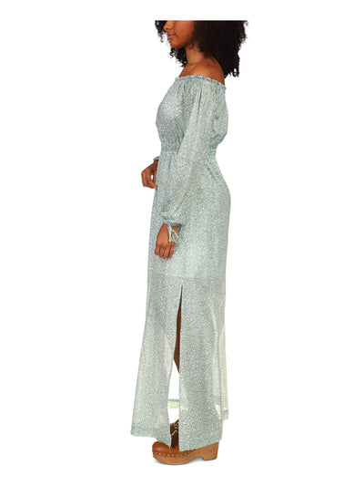 MICHAEL MICHAEL KORS Womens White Lined Ruffled Slitted Pullover Tie Cuffs Floral Long Sleeve Off Shoulder Maxi Blouson Dress XS