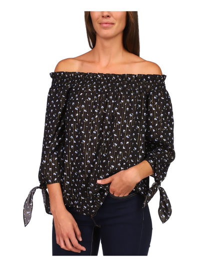 MICHAEL MICHAEL KORS Womens Black Metallic Smocked Tie Cuffs Curved Hem Pullover Floral Long Sleeve Off Shoulder Top L