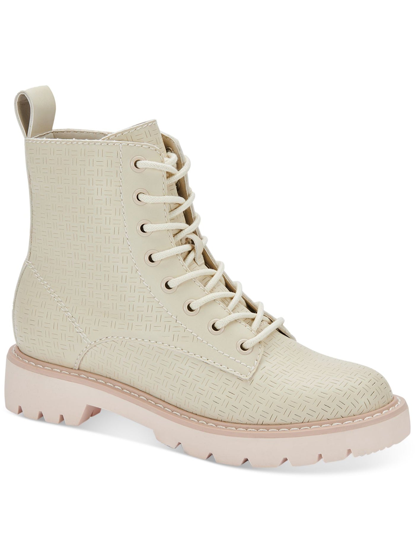 DOLCE VITA Womens Beige 1" Platform Lace-Up Front Heel Pull-Tab Lug Sole Padded Piker Round Toe Block Heel Zip-Up Combat Boots 7.5