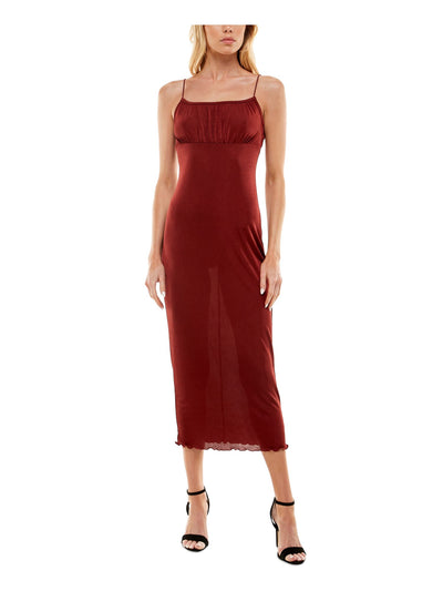 ULTRA FLIRT Womens Red Stretch Gathered Sheer Pull-over Slip Style Unlined Spaghetti Strap Square Neck Midi Party Empire Waist Dress S