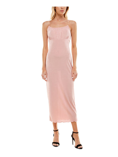 ULTRA FLIRT Womens Pink Stretch Gathered Square Back Pull-over Styling Spaghetti Strap Scoop Neck Midi Party Empire Waist Dress L