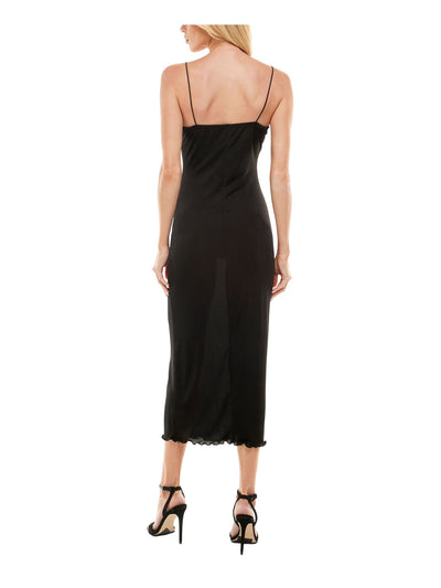 ULTRA FLIRT Womens Black Stretch Gathered Sheer Pull-over Slip Style Unlined Spaghetti Strap Scoop Neck Midi Party Empire Waist Dress S