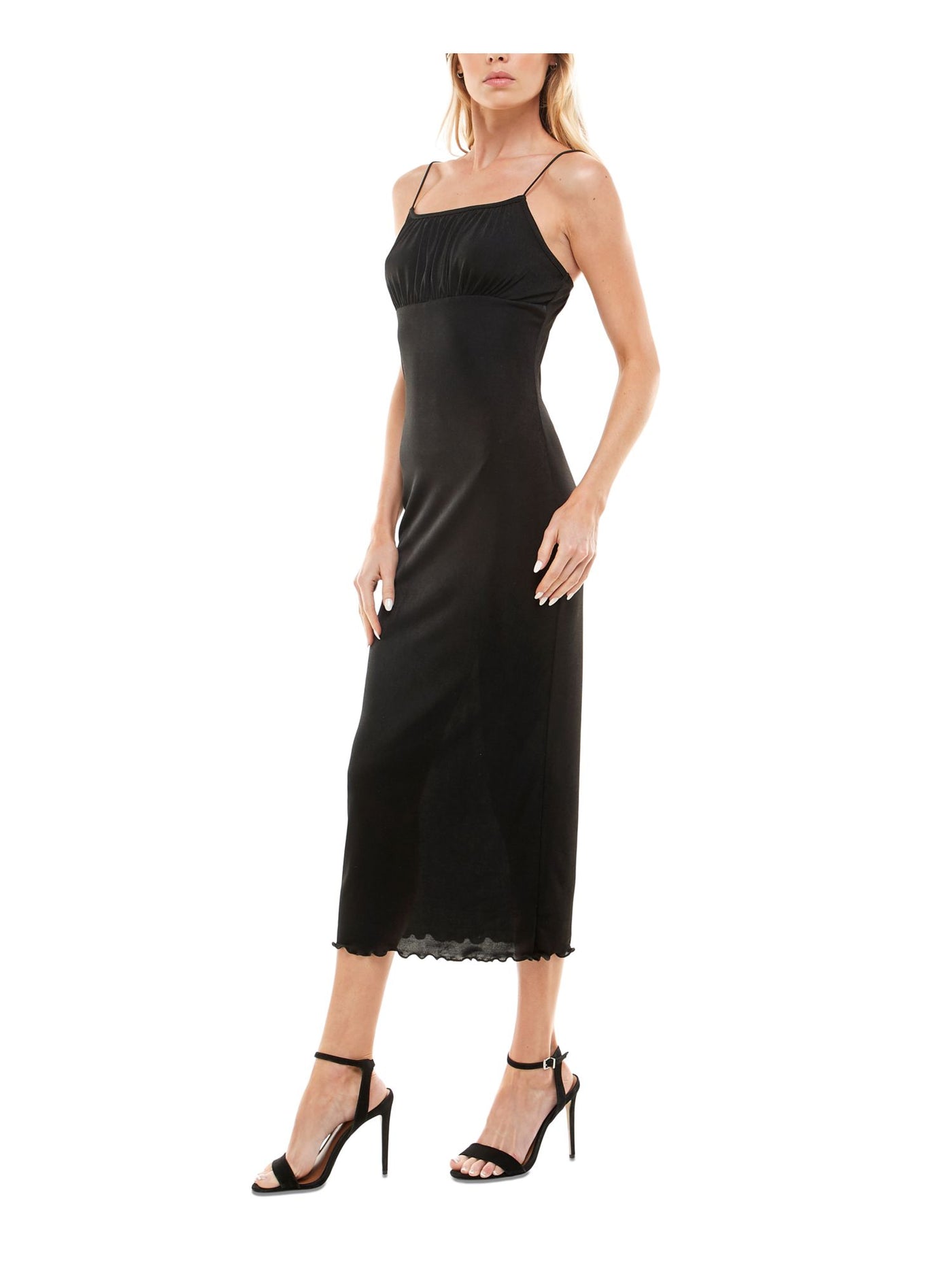 ULTRA FLIRT Womens Black Stretch Gathered Sheer Pull-over Slip Style Unlined Spaghetti Strap Scoop Neck Midi Party Empire Waist Dress S