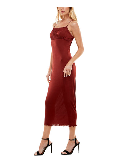 ULTRA FLIRT Womens Red Stretch Gathered Sheer Pull-over Slip Style Unlined Spaghetti Strap Square Neck Midi Party Empire Waist Dress S