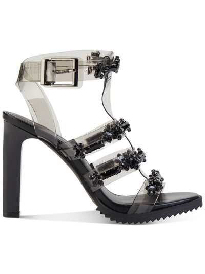 KARL LAGERFELD Womens Black Translucent Embellished Strappy Bristol Round Toe Stiletto Buckle Dress Heeled Sandal 6