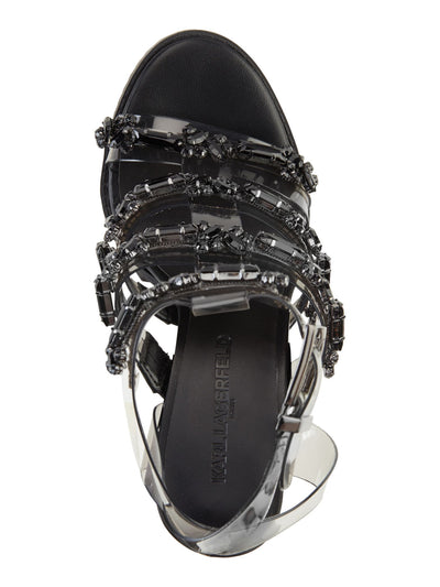 KARL LAGERFELD Womens Black Translucent Embellished Strappy Bristol Round Toe Stiletto Buckle Dress Heeled Sandal 6