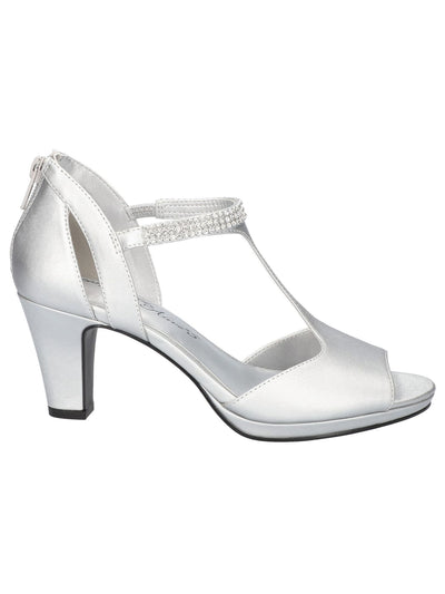 EASY STREET ALIVE AT 5 Womens Silver Rhinestone T-Strap Flash Round Toe Block Heel Zip-Up Dress Heeled Sandal 10 M