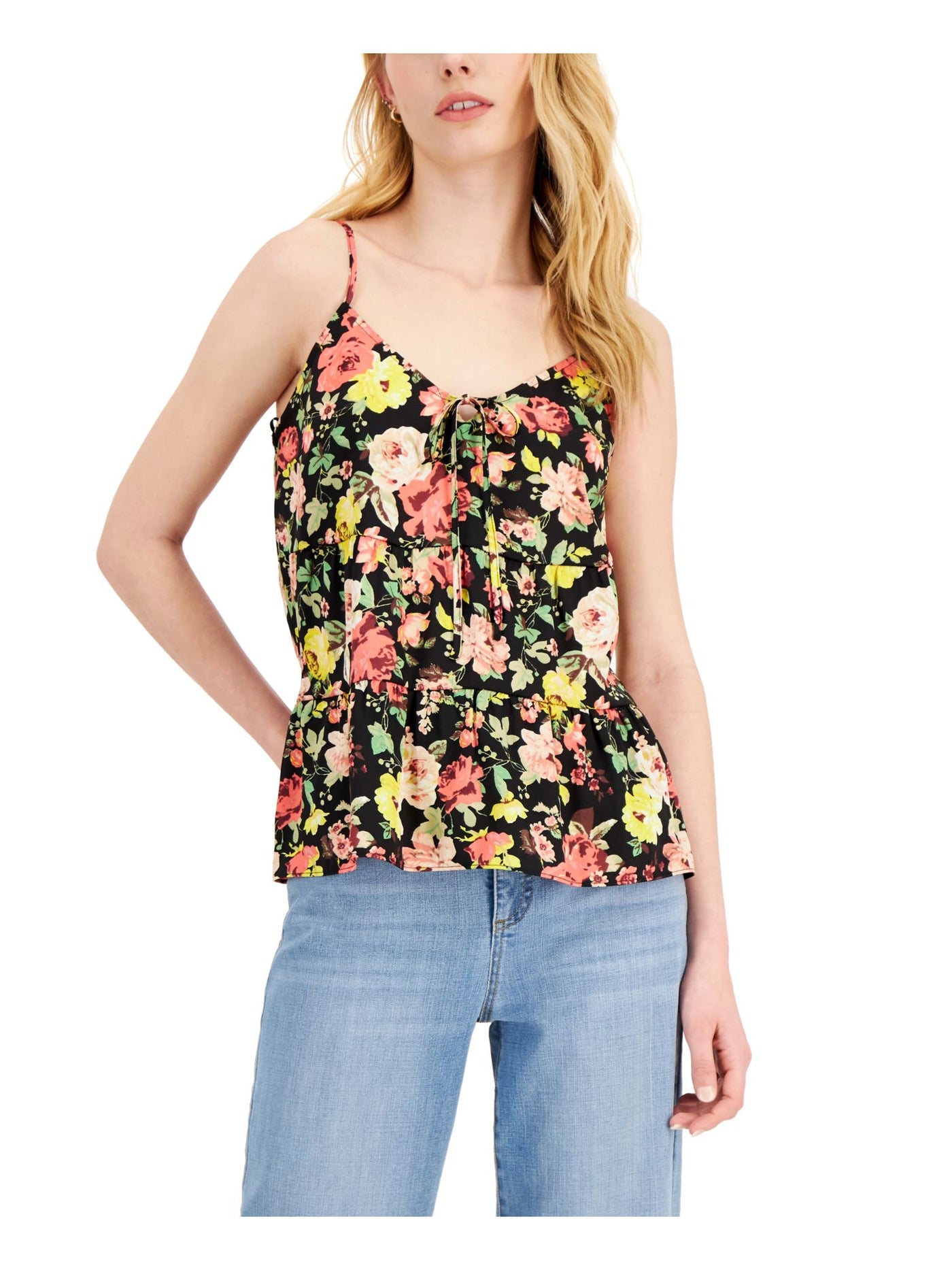 INC Womens Black Tie Floral Spaghetti Strap V Neck Cami Top S