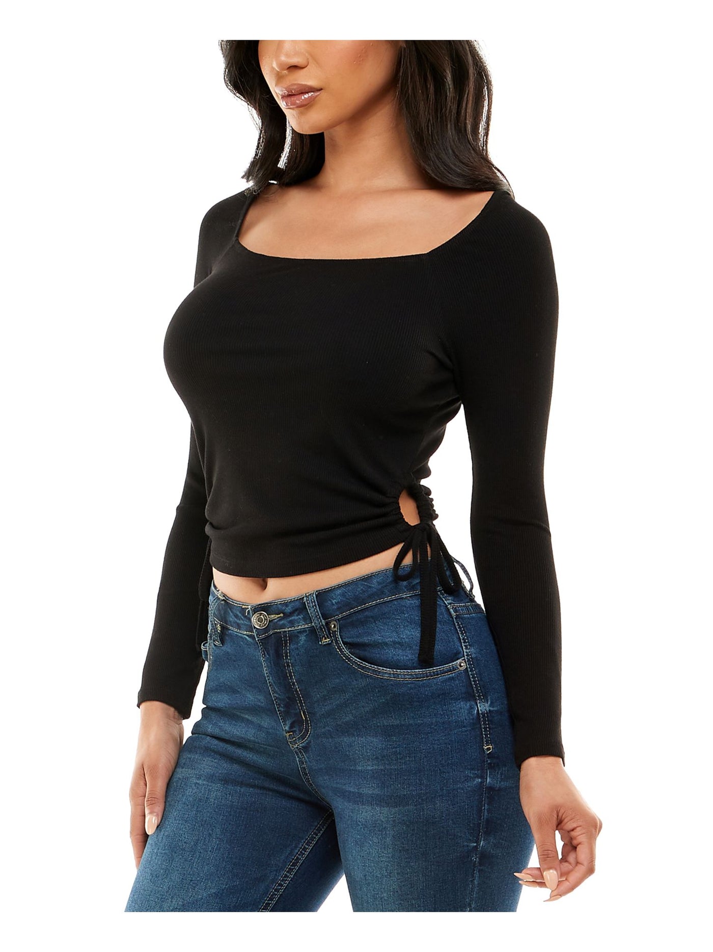 CRAVE FAME Womens Black Ruched Cut Out Side Ties Ribbed Fitted Long Sleeve Square Neck Crop Top M