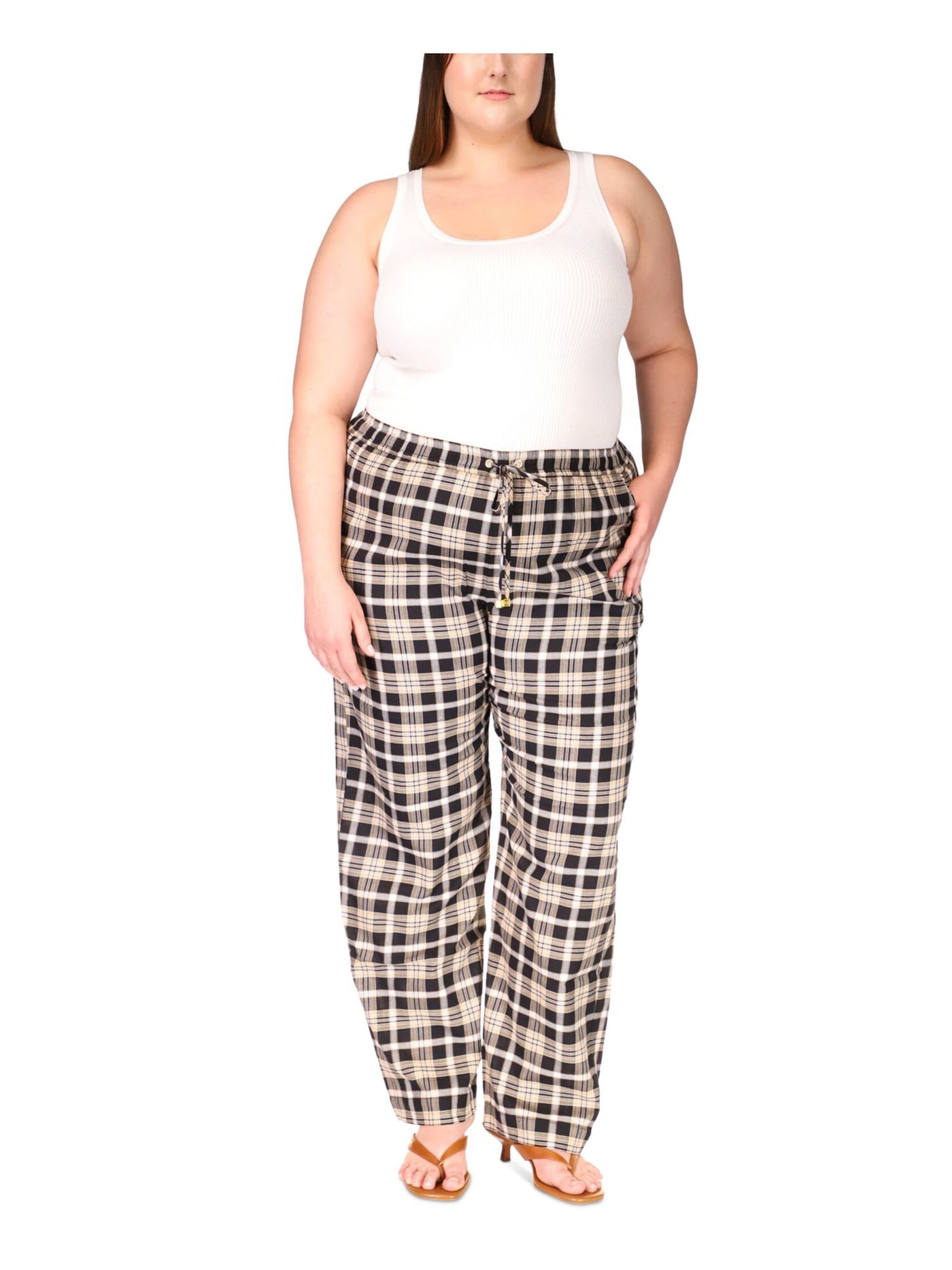 MICHAEL MICHAEL KORS Womens Black Tie Elastic Waist Pull-on Plaid Straight leg Pants Plus 2X