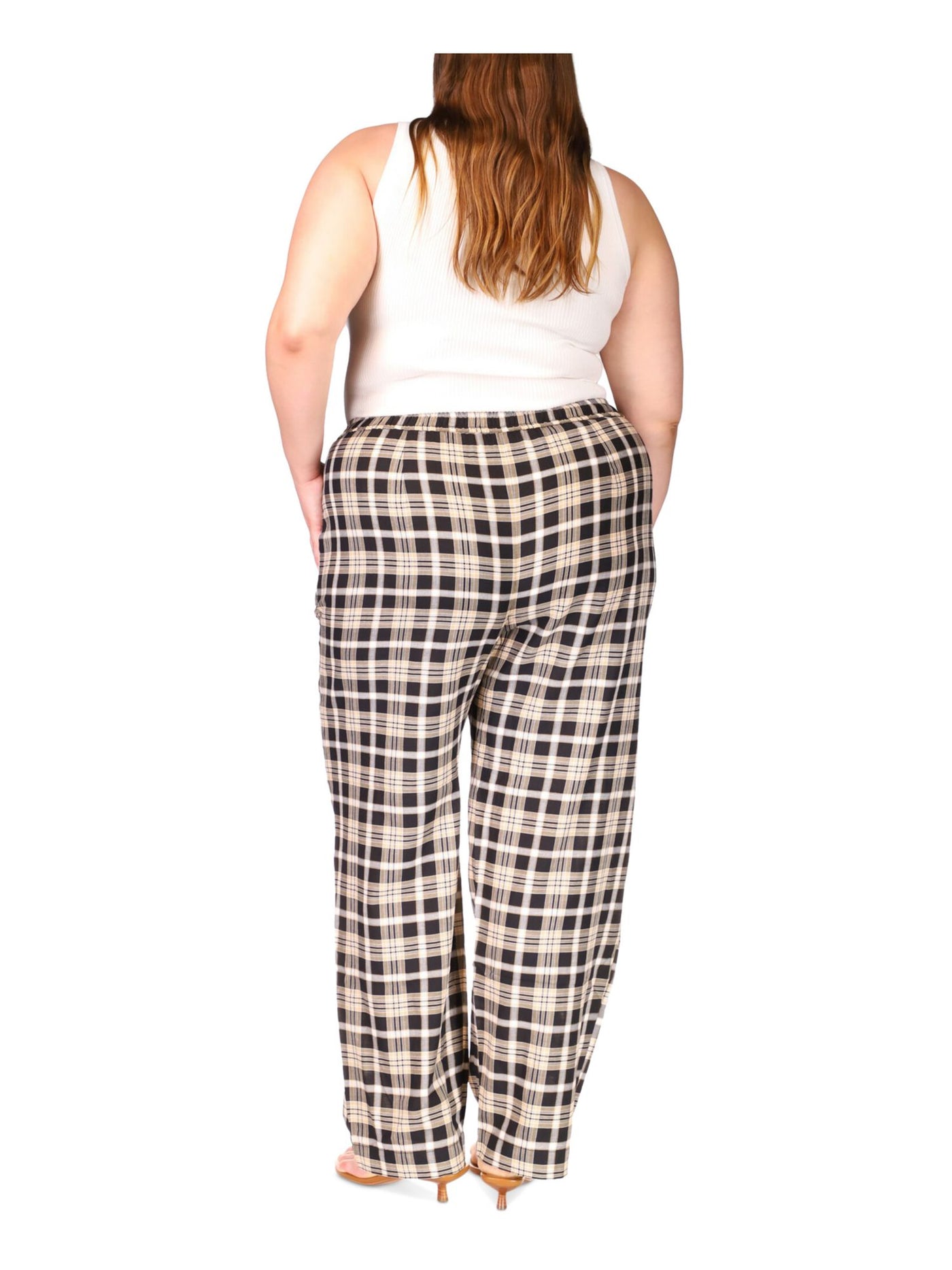 MICHAEL MICHAEL KORS Womens Black Tie Elastic Waist Pull-on Plaid Straight leg Pants Plus 2X