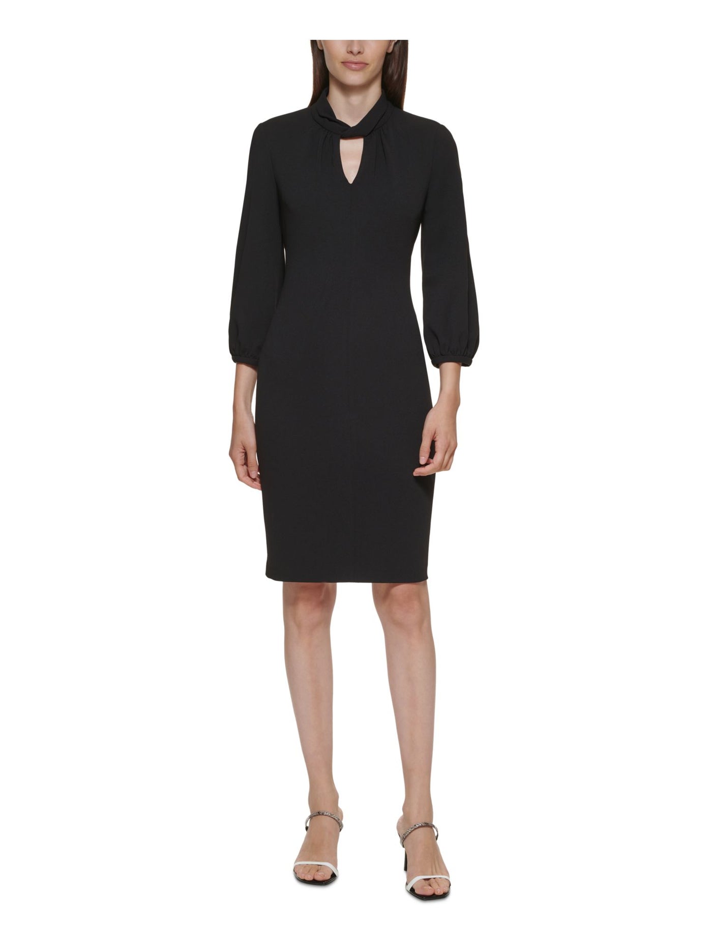 CALVIN KLEIN Womens Black Zippered Twist Front Keyhole 3/4 Sleeve Round Neck Above The Knee Wear To Work Sheath Dress 2