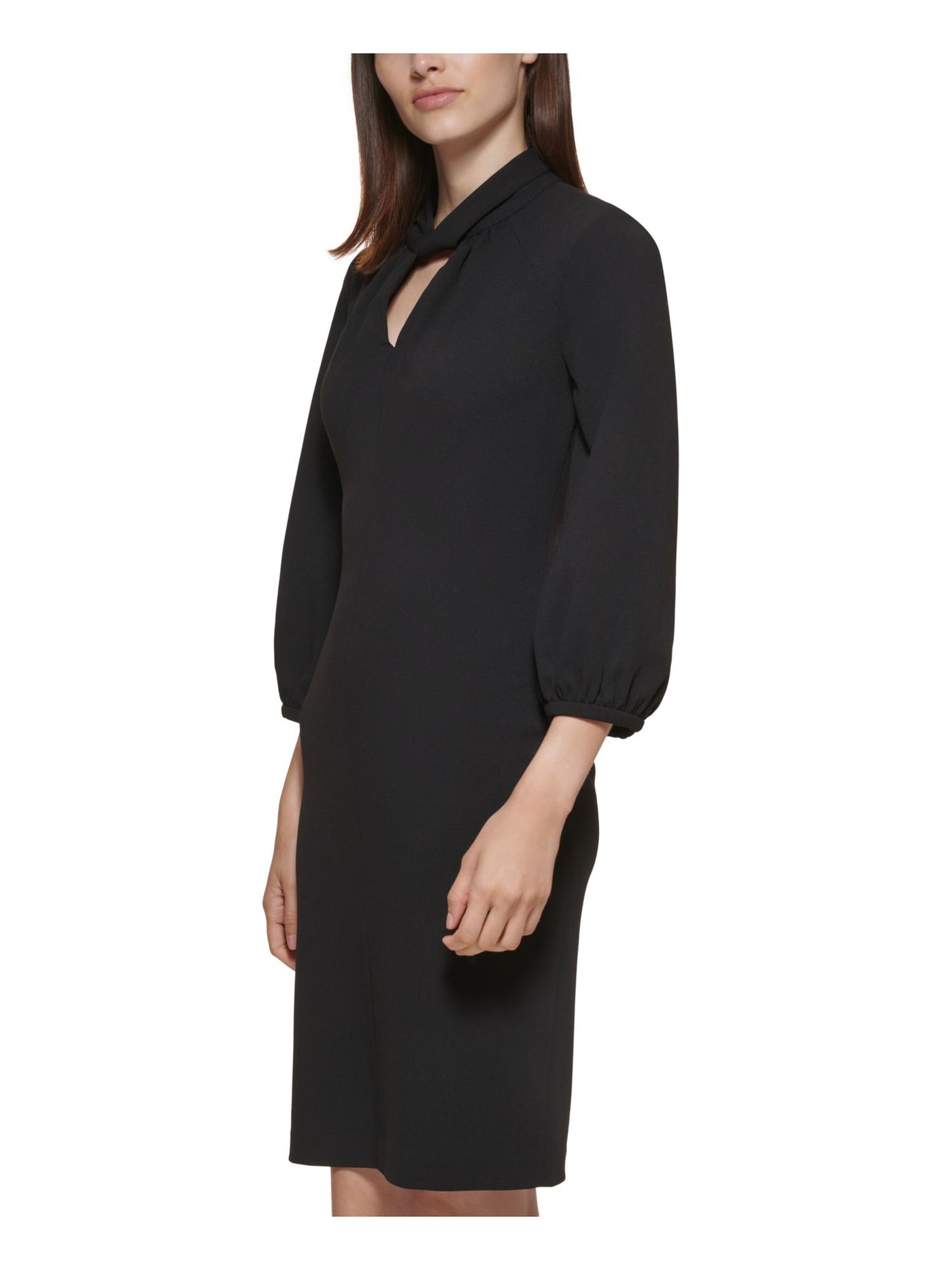 CALVIN KLEIN Womens Black Zippered Twist Front Keyhole 3/4 Sleeve Round Neck Above The Knee Wear To Work Sheath Dress 2