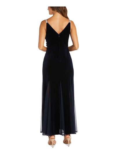 NIGHTWAY Womens Navy Mesh Zippered Rhinestone Velvet Sheer Godet Hem Sleeveless V Neck Maxi Evening Fit + Flare Dress Petites 8P