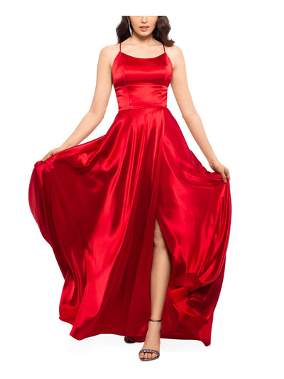B&A  BY BETSY & ADAM Womens Red Satin Zippered Lined Pocketed Slitted Spaghetti Strap Scoop Neck Full-Length Formal Gown Dress Petites 0P