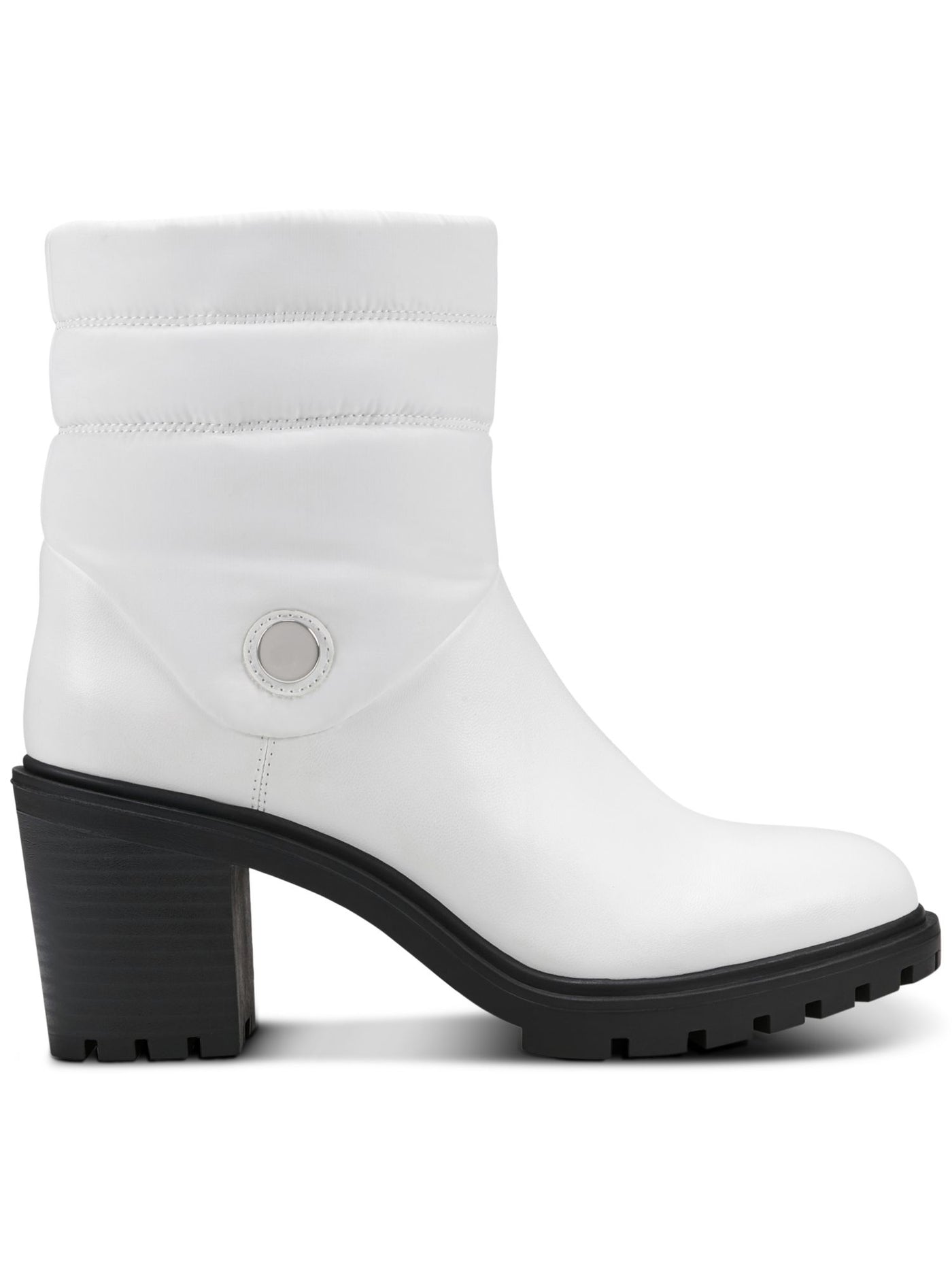 ALFANI Womens White Mixed Media Puffer Quilted Detailing Lug Sole Padded Belcalise Almond Toe Block Heel Zip-Up Booties 9 M