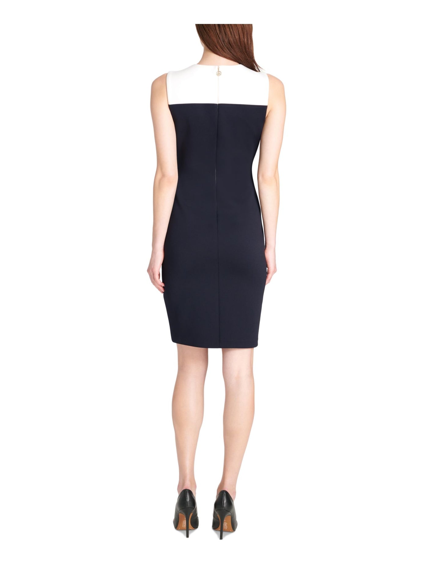 TOMMY HILFIGER Womens Navy Zippered Button Detail Asymmetrical Hem Color Block Sleeveless Round Neck Above The Knee Wear To Work Sheath Dress Petites 4P