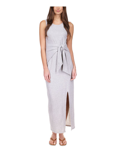 MICHAEL KORS Womens Gray Slitted Ribbed Tie Front Heather Sleeveless Scoop Neck Maxi Sheath Dress Petites P\XS