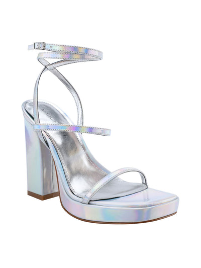 MARC FISHER Womens Silver 1" Platform Stretch Strappy Padded Iridescent Adjustable Strap Ankle Strap Acres Square Toe Block Heel Buckle Heeled Sandal 9.5 M