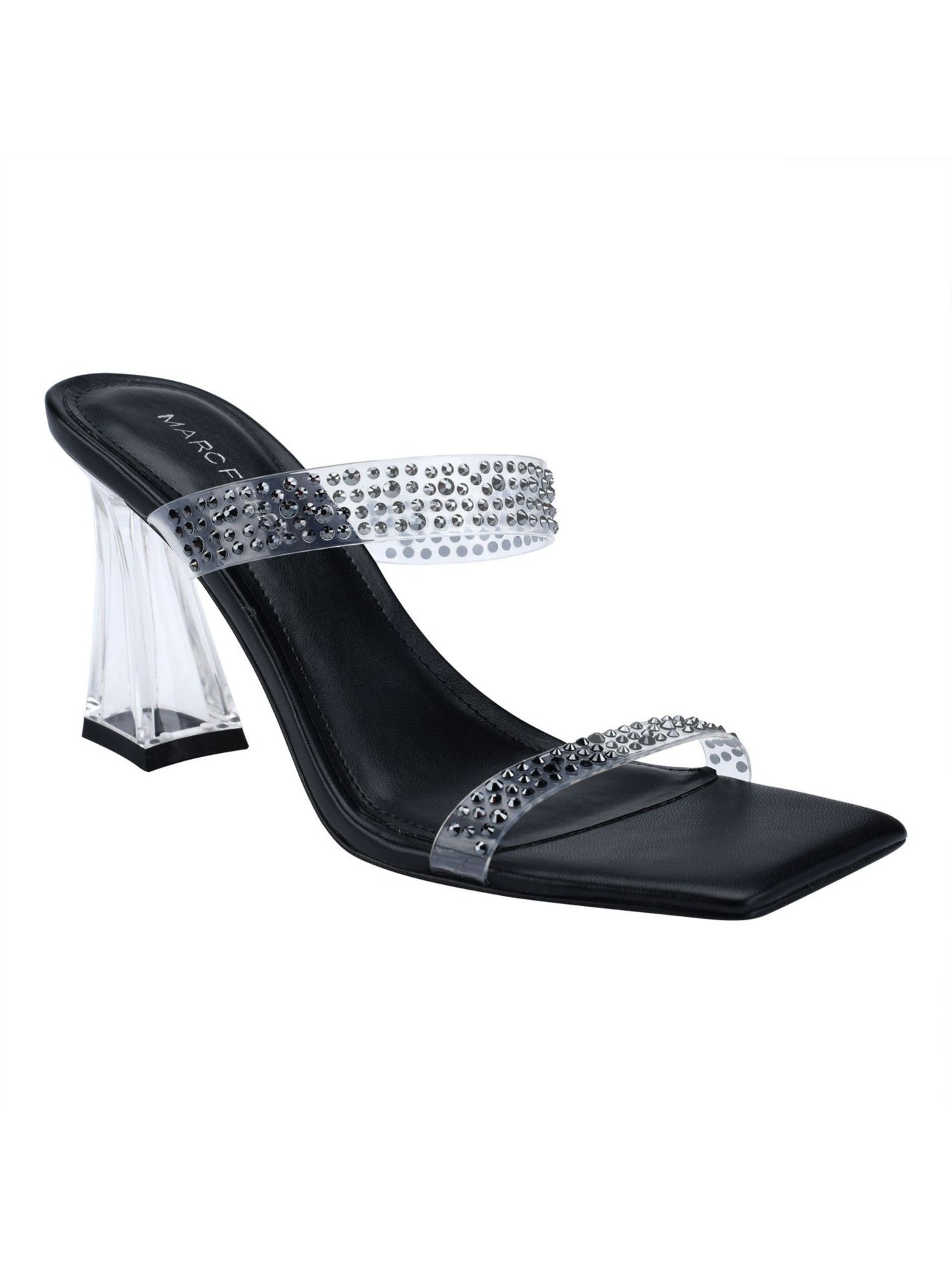 MARC FISHER Womens Black Rhinestone Anlita Square Toe Sculpted Heel Slip On Dress Heeled Sandal 7.5 M