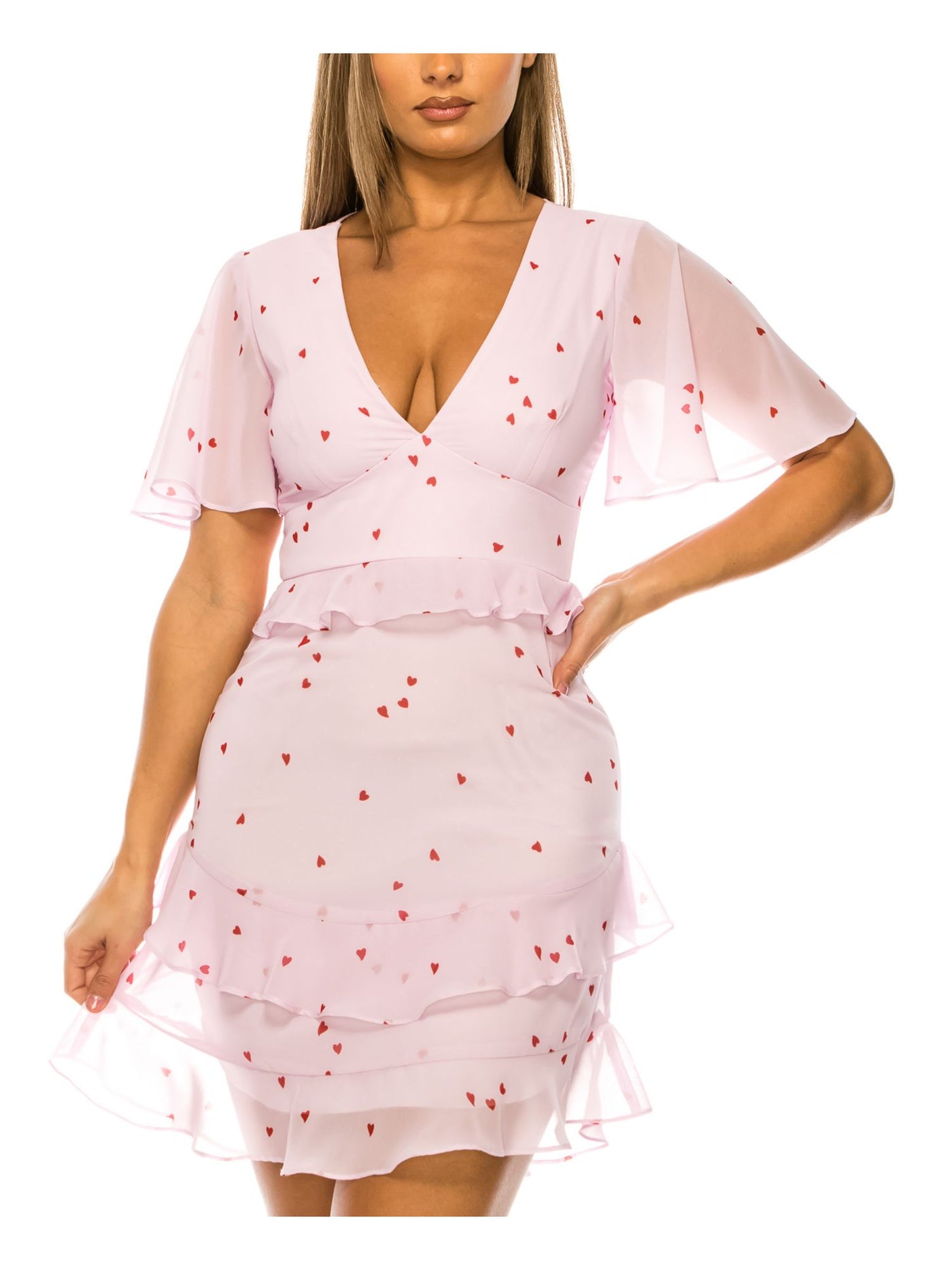 B DARLIN Womens Pink Sheer Zippered Ruffled Lined Fitted Printed Flutter Sleeve V Neck Short Party A-Line Dress 13\14