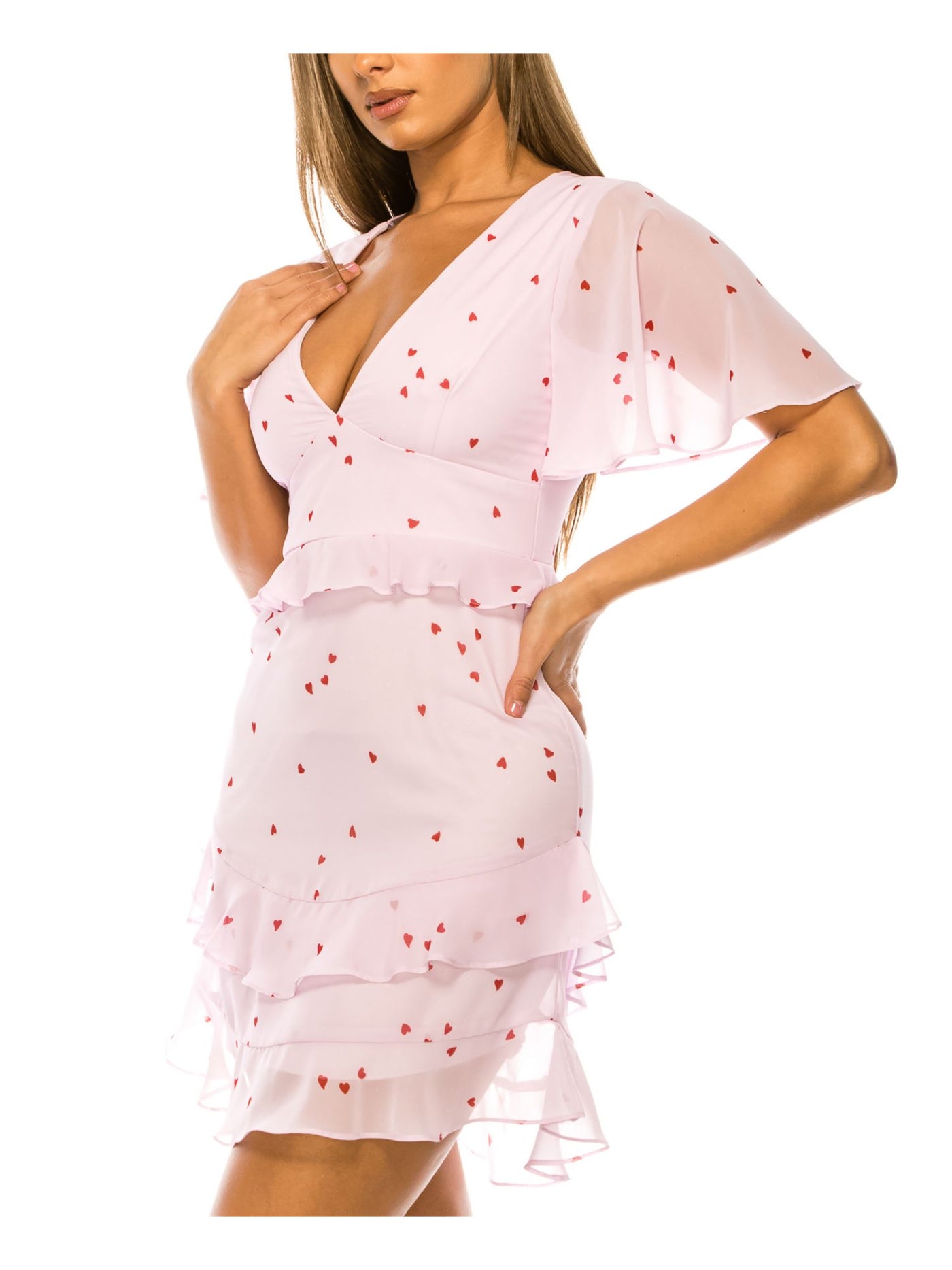 B DARLIN Womens Pink Sheer Zippered Ruffled Lined Fitted Printed Flutter Sleeve V Neck Short Party A-Line Dress 11\12