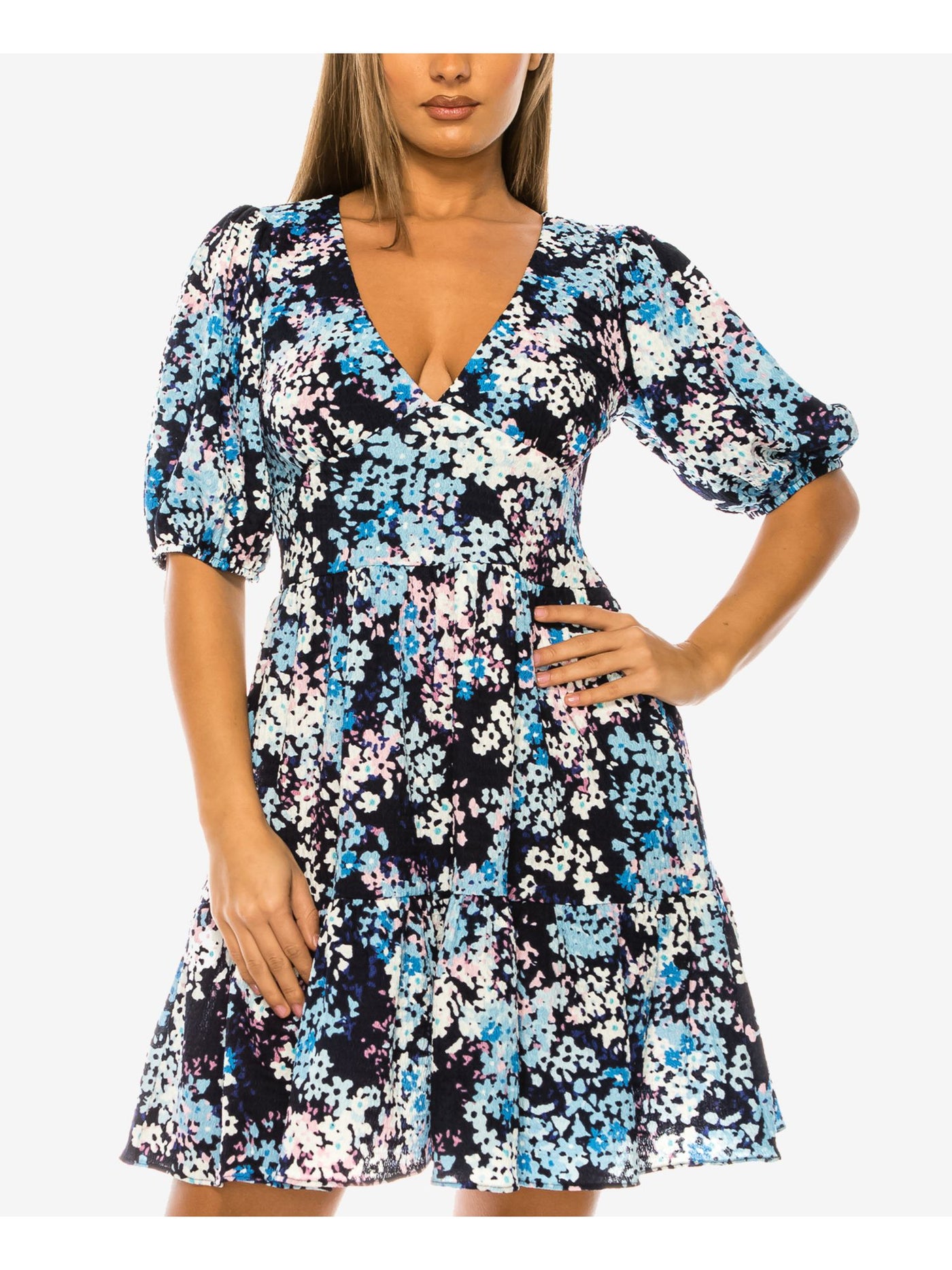 B DARLIN Womens Navy Printed Pouf Sleeve V Neck Above The Knee Party A-Line Dress 0