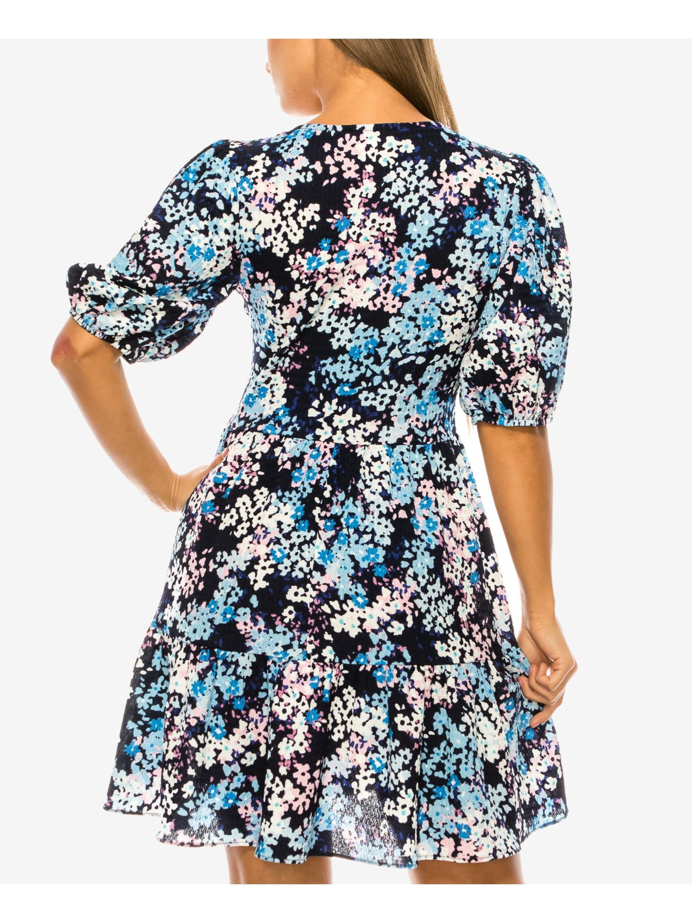 B DARLIN Womens Navy Printed Pouf Sleeve V Neck Above The Knee Party A-Line Dress 0